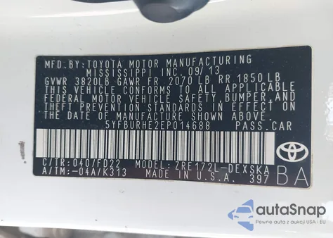 2014 Toyota Corolla L/Le/Le Pls/Prm/S/S Pls from USA, damaged, VIN 5YFBURHE2EP014688